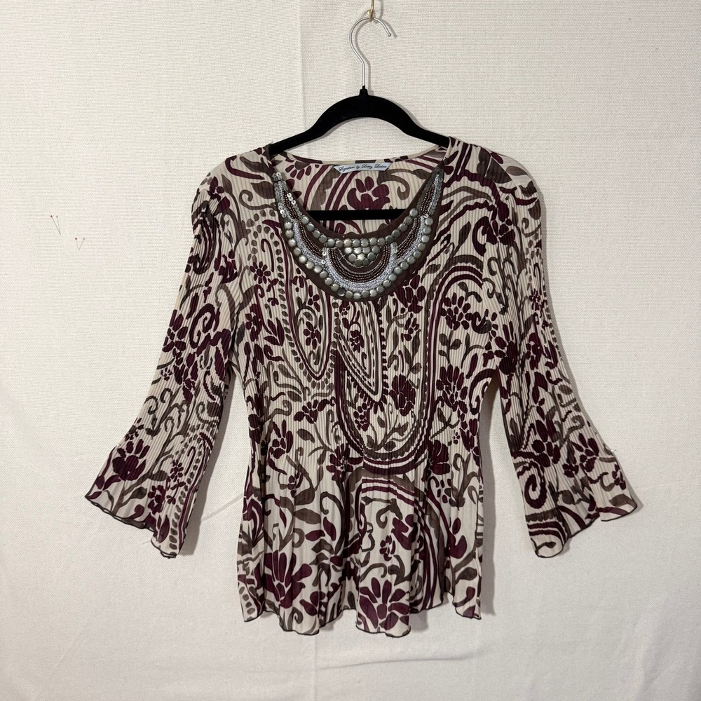 Signature by Larry Levine Womens Pleated Paisley Beaded Blouse Purple Brown M